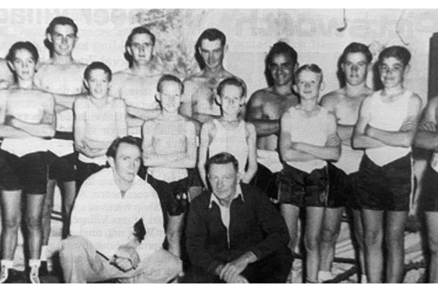 The 1956 Pittsworth boxing team comprised (from back) George Patterson, Brian Kelly, John Thomas, Allan Cronin, Bill Crowley, Norm Smith, Ace Fraser, (middle) Neville Hohn, Billy Walsh, Wilton Bowden, John Bowden, Dudley Cronin, Des Hohn, (kneeling) with trainer Digger Martin and Manager Reg Bowden.