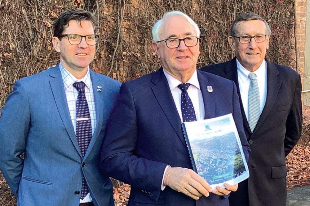 Mayor Paul Antonio with Deputy Mayor and Finance and Business Strategy Committee chair Cr Geoff McDonald and Finance and Business Strategy portfolio leader Cr Kerry Shine after the adoption of the 2021/22 Toowoomba Region Budget.