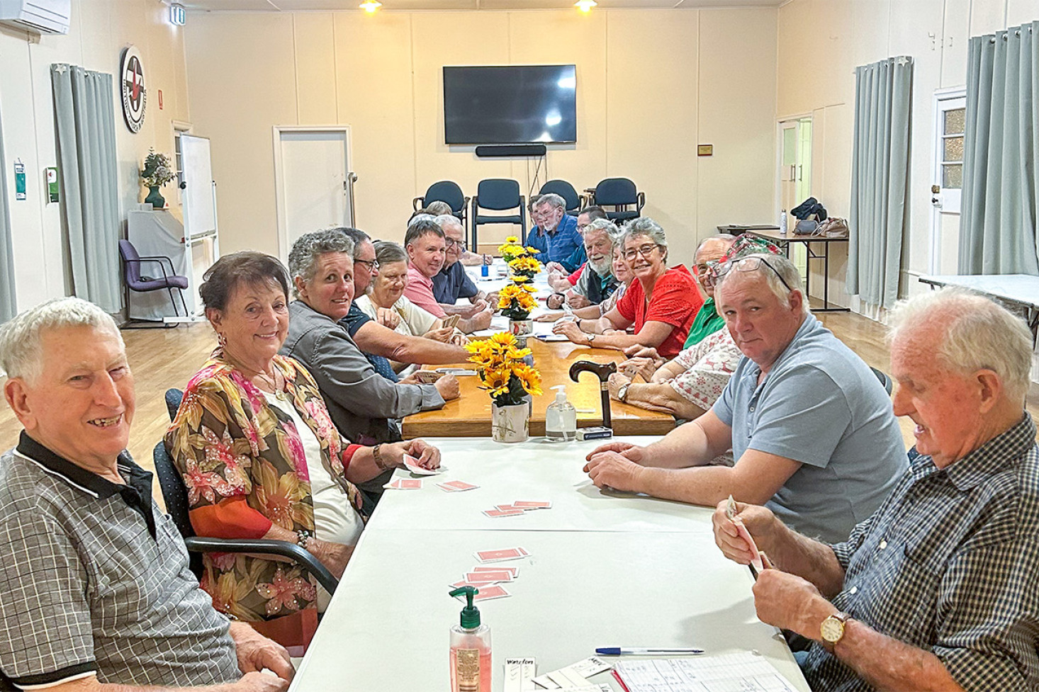 Enjoying the final competition night for 2024 were (on left) Winston Small, Val Hohn, Roberta Redfern, David Olischlager, Margaret Small, David Fitch, Cedric Mills, (right) Merv Fower, Michael Robertson, Keith Contessa, Deanne Olischlager, Sue Fitch, Bruce Stuart, Trevor Cooper, Tom O’Connell and Lawrie Cooper.