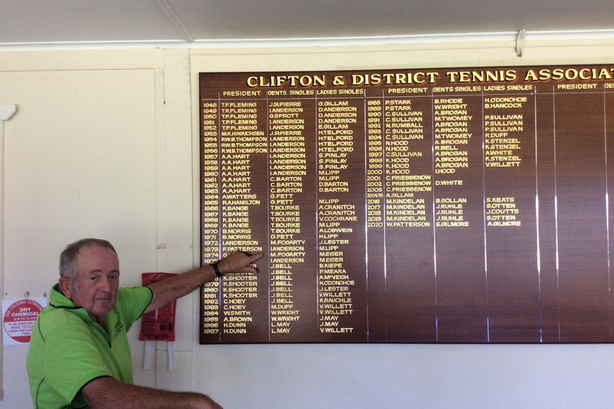 Mick Fogarty is proud to have his name up on the honour board at the Clifton Tennis Club.