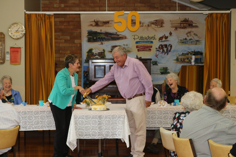 The celebratory cake was cut by Rotary Club President Ros Scotney OAM and David Sterling, whose father was the Chairman of the Council when the Senior Citizens Club was formed. Moya Mitchell made the cake with the help of her friend.