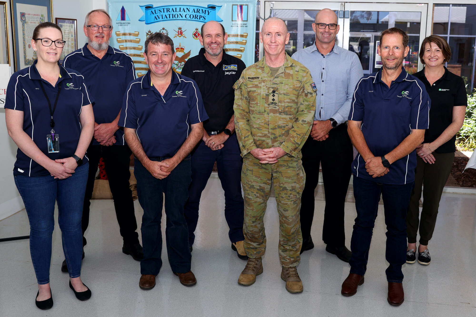 Oakey Chamber of Commerce members during a recent strategic planning workshop at the Australian Army Aviation Training Centre. Pictured are president Bec Meacham, David Totenhofer, Shane Williamson, Andrew Langton, Colonel Eamon ‘Charlie’ Barton, Tony Bowman, David Cooper and Julie Cave. - Photo, Defence Bradley Richardson