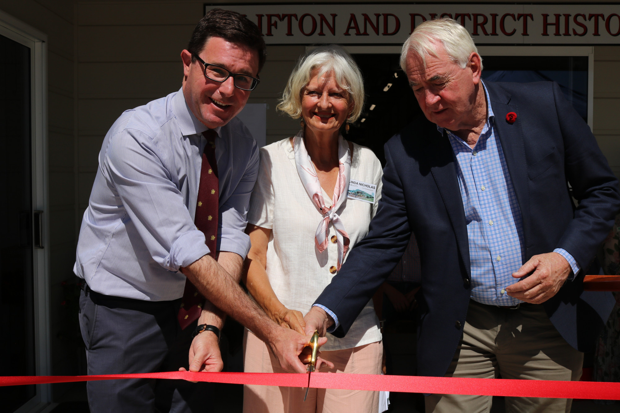 Member for Maranoa David Littleproud and Toowoomba Region Mayor Paul Antonio officially opening the new Clifton Museum with Clifton and District Historical Society publicity officer Linda Nicholas who has been an integral part in the success of the project