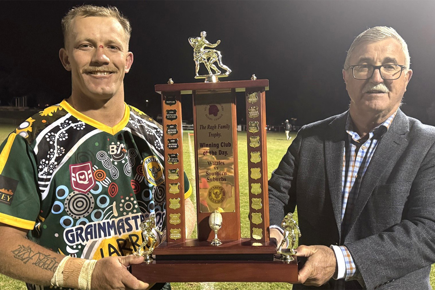 Wattles A Grade captain Nick Van der Poel being presented with the Ragh Family Trophy for 2025 by Mr David Ragh. Image - Amanda O’Halloran