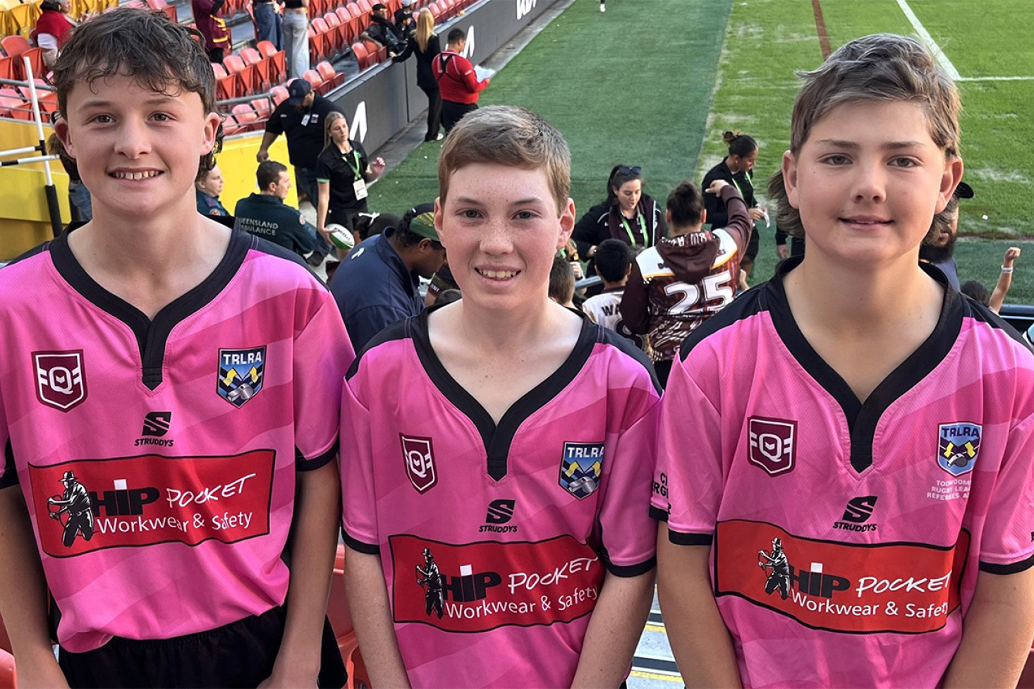 Wattles Warriors Juniors Jake Burns, Noah Hart & Jonte May experienced the glitz and glamour of officiating in a junior rugby league game at Suncorp Stadium on Saturday, at half time of the NRLW match between the Brisbane Broncos and the Dolphins. (Image - Allison May)