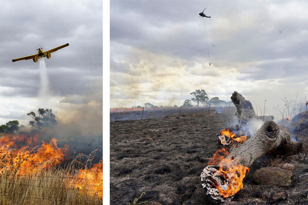 Several aircraft joined the effort to contain the large grass fire at the Pittsworth airfield.