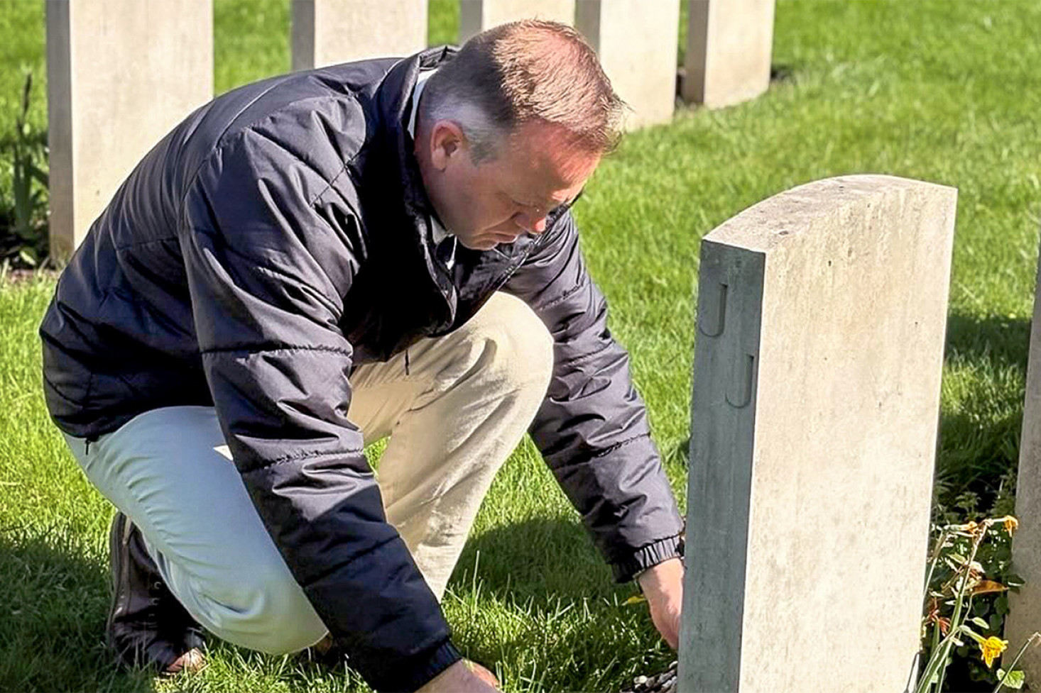 Chief of Air Force, Air Marshal Stephen Chappell DSC, CSC, OAM lays a wreath at the grave of Sergeant Mervyn Lionel Vivian Hass who was killed when Ventura AE702 of 464 Squadron, Royal Australian Air Force, crashed near Eindhoven, Netherlands.