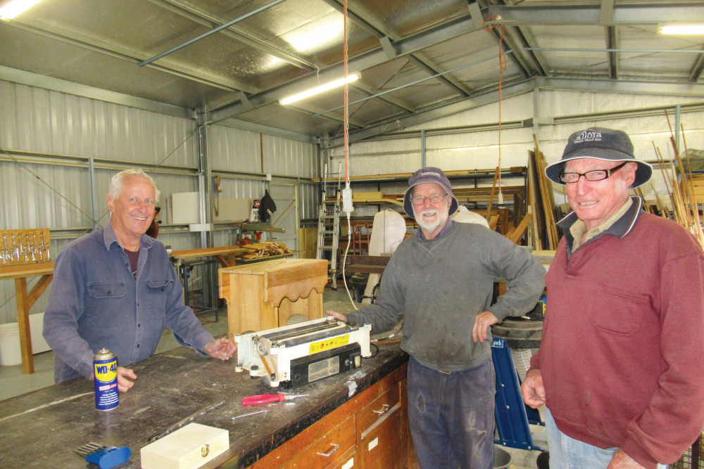 Alan, Graham (the cheeky one) and John all enjoying themselves at Allora’s Men’s Shed