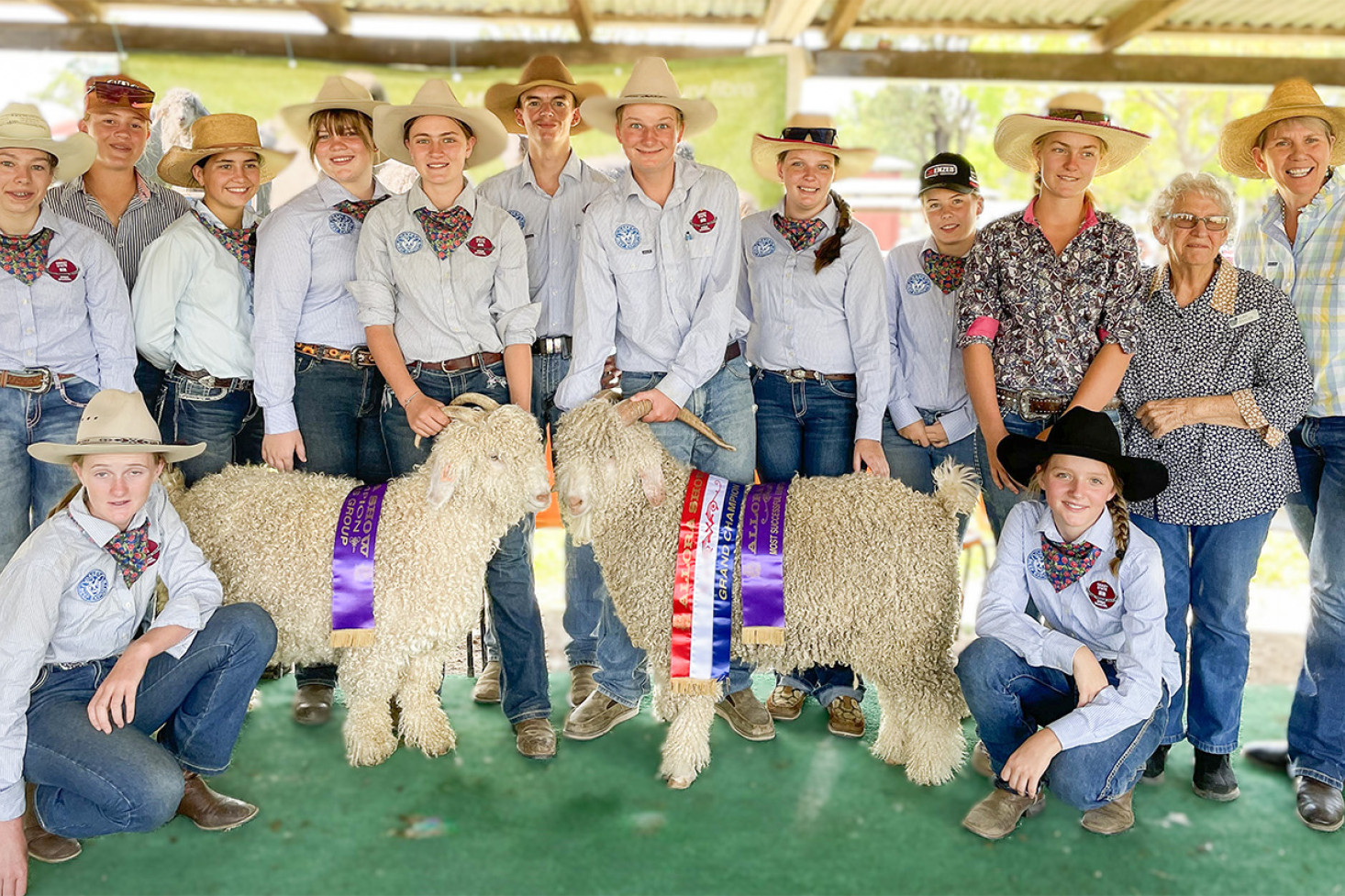 At the Allora Show - Back row: (L-R) Lucy Brownsey, Justine Wieck, Cassie Brown, Kaitlyn O’Connell, Crystal Wieck, Cooper-James Nelson, Domonic Densley, Brianna Keen, Jess Woolfe, Alicia Wieck, Alma Haaijer (Lifelong member of Mohair Australia – Qld Division), Debbie Goudie (Ag Teacher). Front row: Sophie Wieck and Mia McCann.