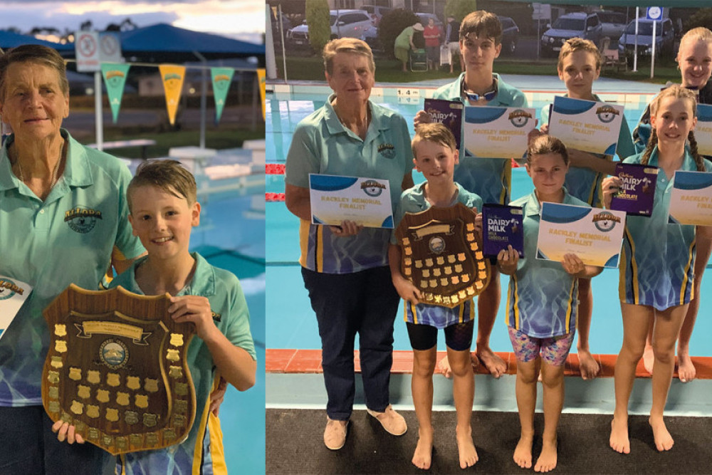 Left: Marg Rackley and Blake Rees; Right: Finalists of the 2021 David Rackley Memorial Swim pictured with Marg Rackley are front, Blake Rees (winner), Nevaeh Bussutil, Hannah Bourke, back row Will Day, Ziggy Gibson and Matilda Rees.