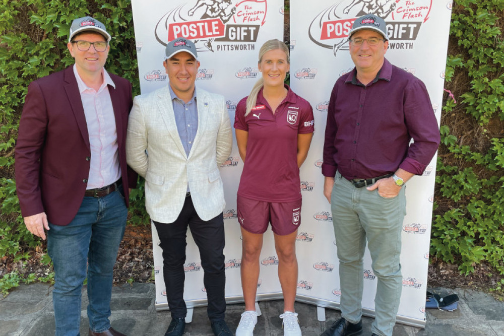 From left are Deputy Mayor Cr Geoff McDonald, Cr James O’Shea, Brisbane Broncos NWRL Premiership Winner Shenae Ciesiolka, and Arthur Postle Gift race day event organiser Greg Quinn at the media launch for the event last Friday.