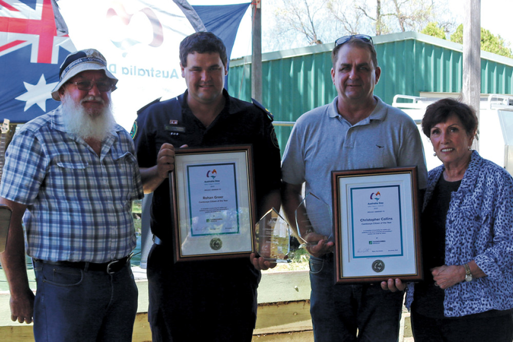 From left: Cambooya Australia Day Ambassador Kerry Riehl, joint Citizen of the Year winners Rohan Greer and Christopher Collins and Cr Carol Taylor.