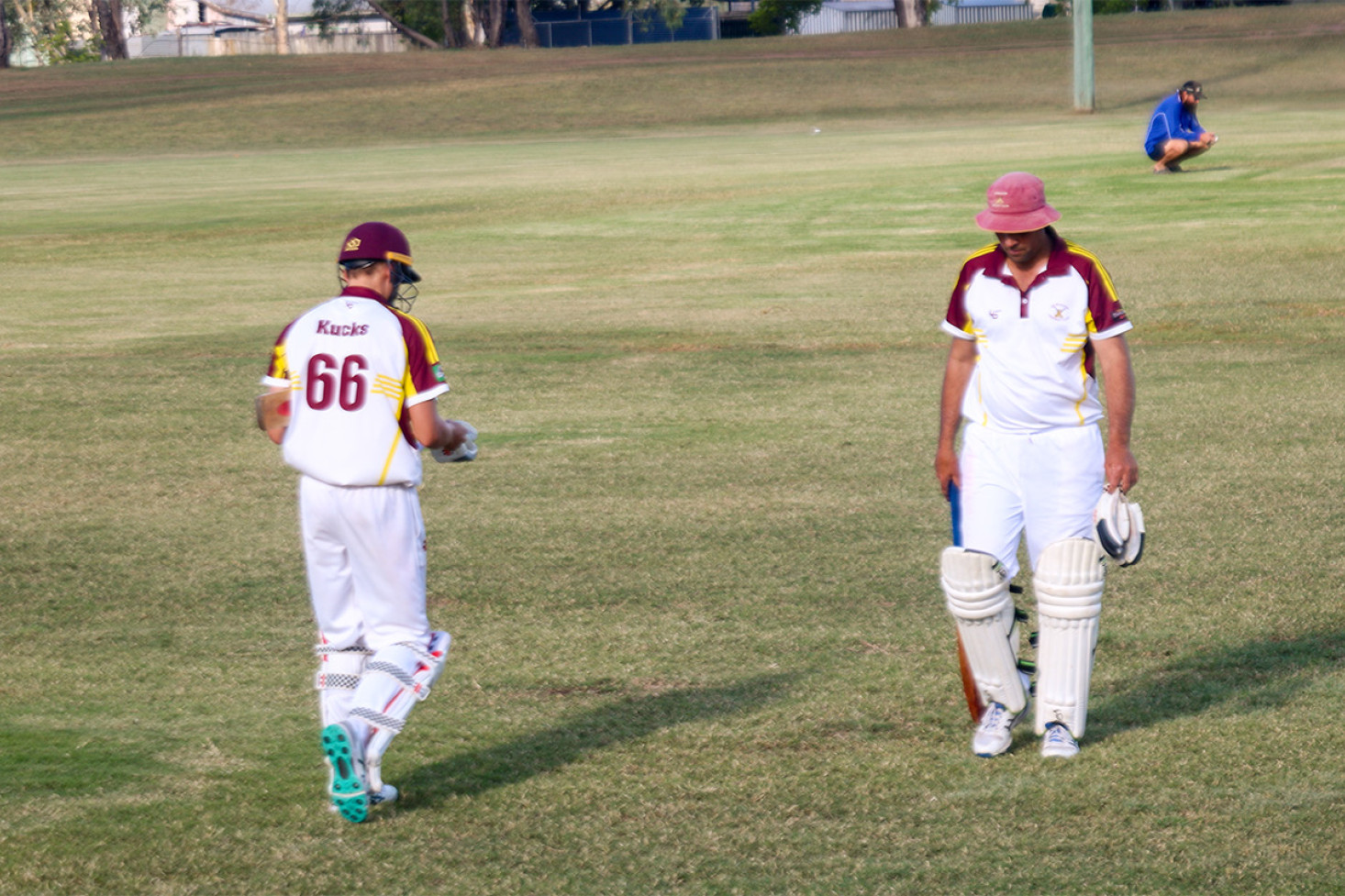 Bailey Kucks enters the oval following the loss of Michael Bartkowski’s wicket.