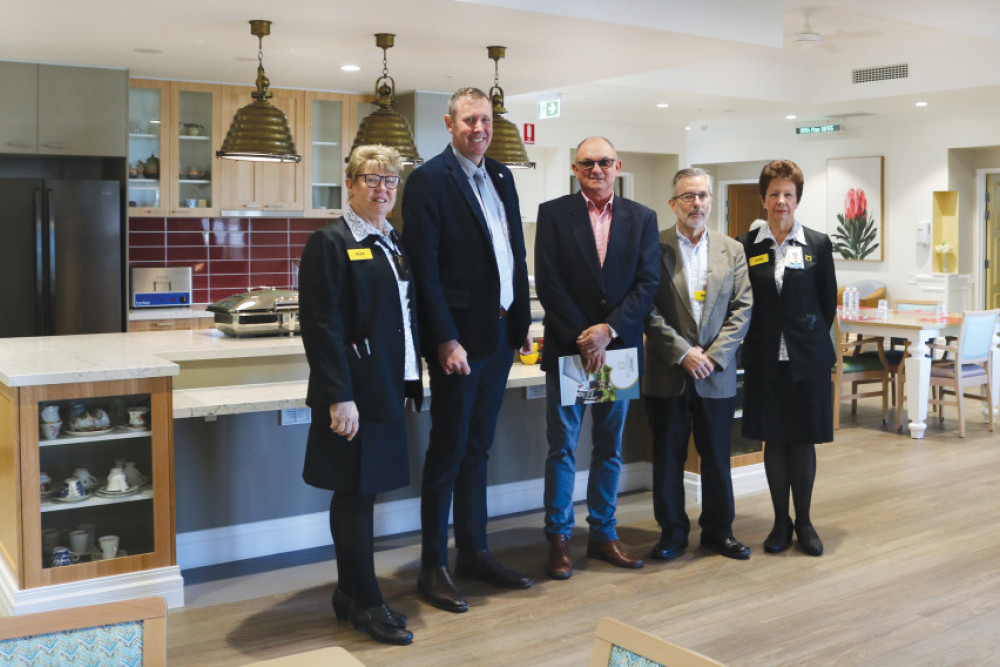 From left, Executive Assistant to the General Manager and Director of Care Services and Administration Manager Kate Hanley, Federal Member for Groom Garth Hamilton, Beauaraba Living’s Board Chairman Graham Clapham, General Manager of Beauaraba Living Alex Metcalf, and Director of Care Services Janet Newlands all attended the official opening of Beauaraba Living’s new memory support units and wellness centre on Tuesday.