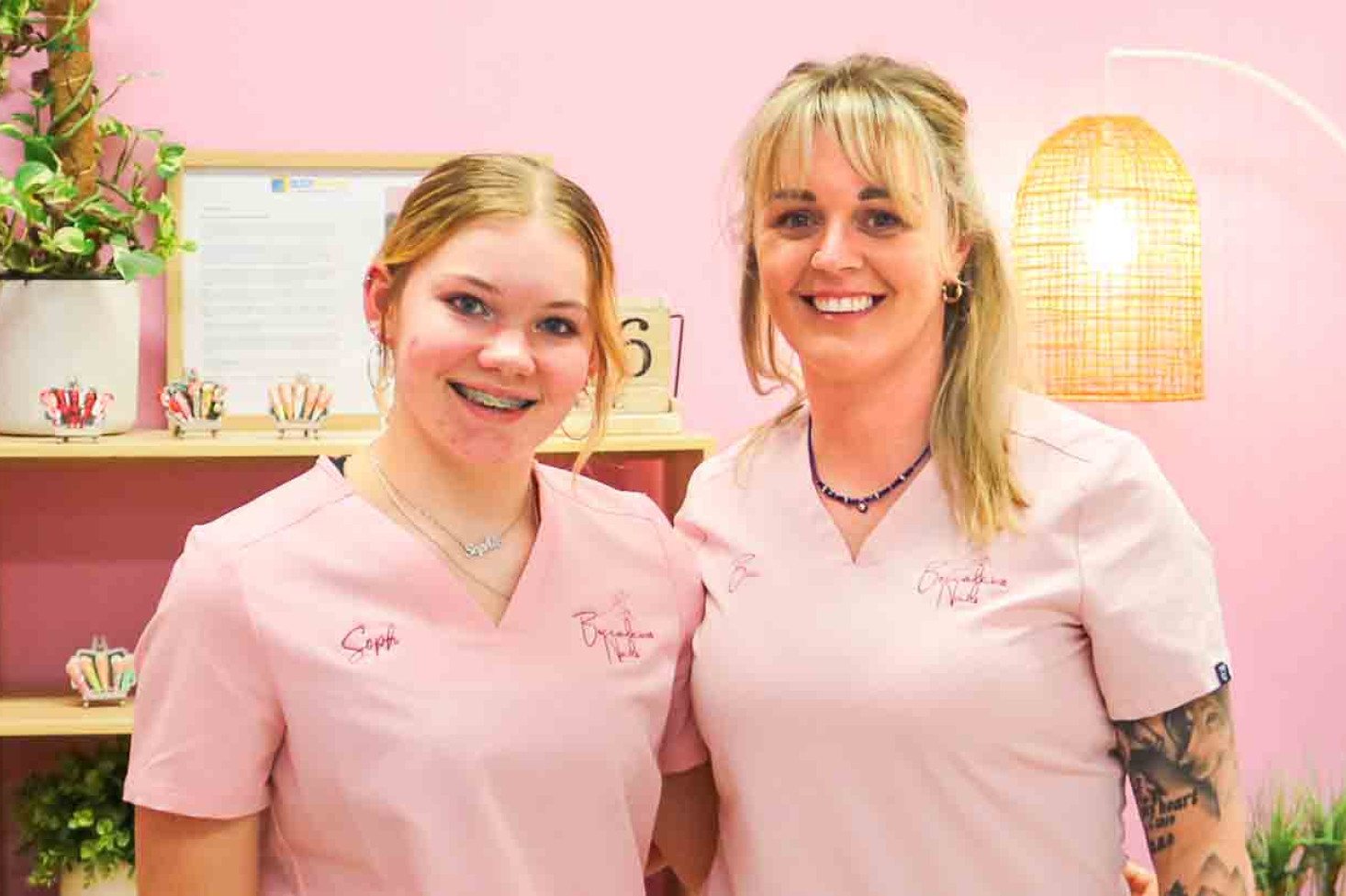 Bec Clarke, proprietor of Beccalicious Nails, with her new staff member, junior technician in training, Sophie Heinemann.
