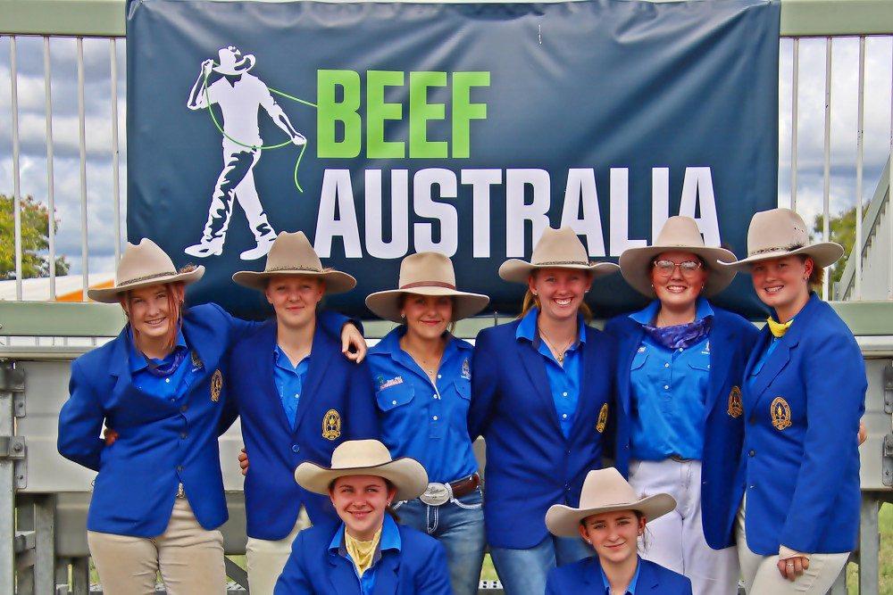 Eight Pittsworth State High School Catte Team students took part in Beef 2021 and saw much success. Back (from left): Shanaya Habenschuss, Emily Trim, Emily Caesar, Kelsie Wilkes, Samantha Birch, Hannah Tandy. Front : Lacey Marshall, Chloe Keevers.