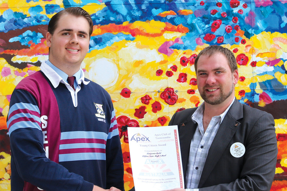 Benjamin Auld received the Young Citizen Award from Apex Club of Toowoomba social director Tristan Smith.