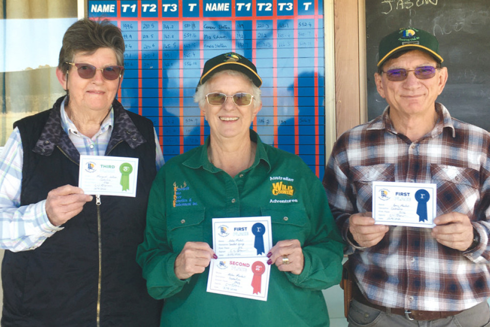 Placegetters in Centrefire, from left, Marg Sullivan 3rd, Helen Manteit 2nd and smallest group, Gary Manteit 1st.