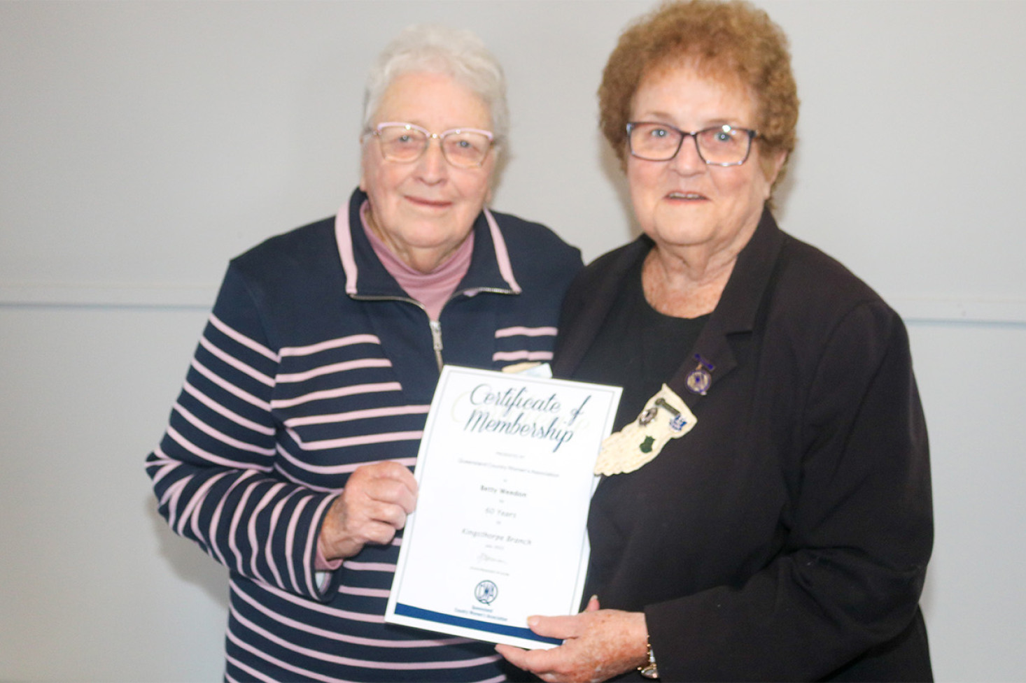Kingsthorpe Branch President Del Timms with Betty Weedon who is celebrating 60 years of membership this year.