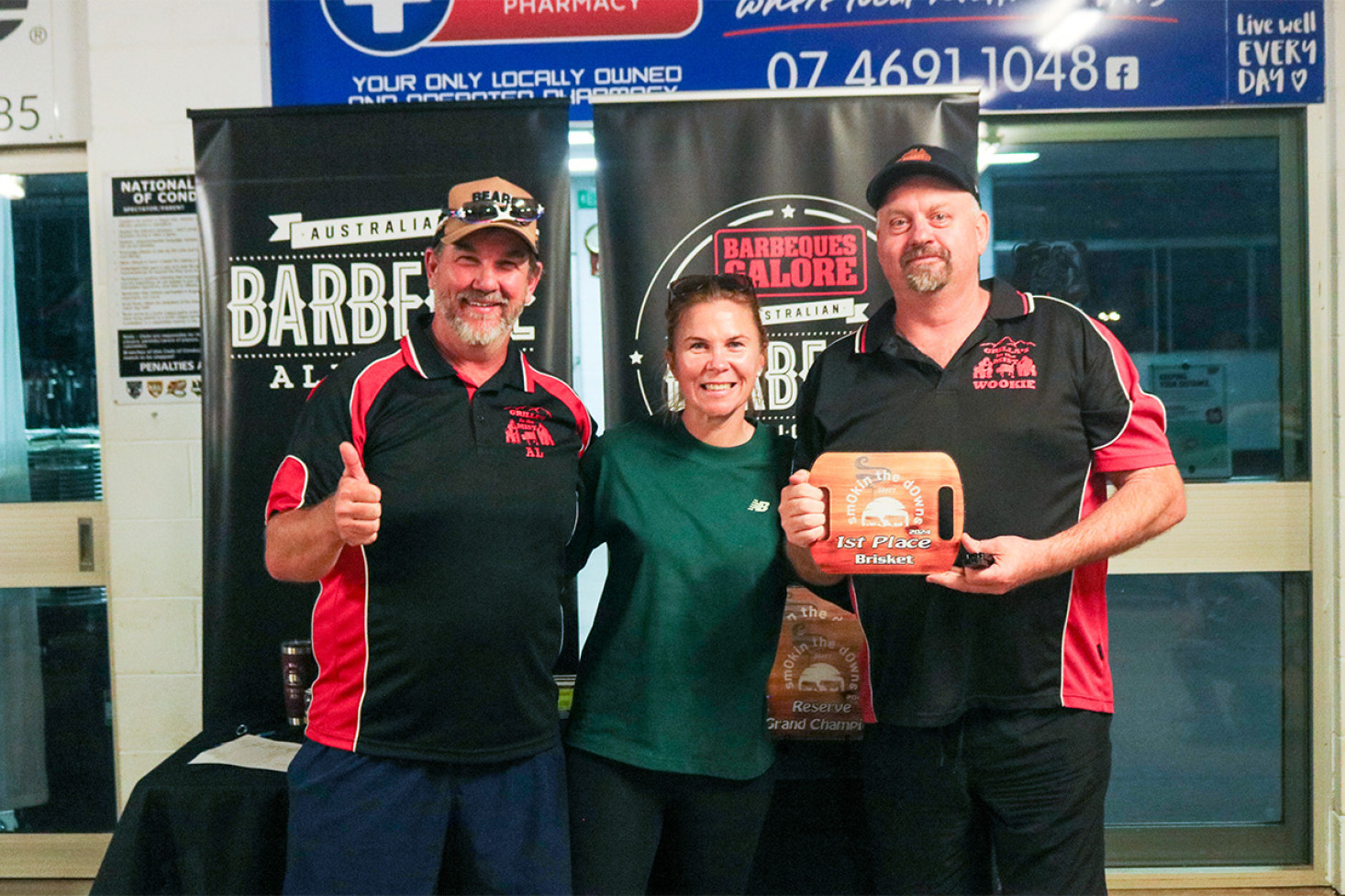 The winners in the Brisket category Grillas in the Mist, represented on either side of promoter Jess Barnes by AJ and ‘Wookie’ (Gareth).