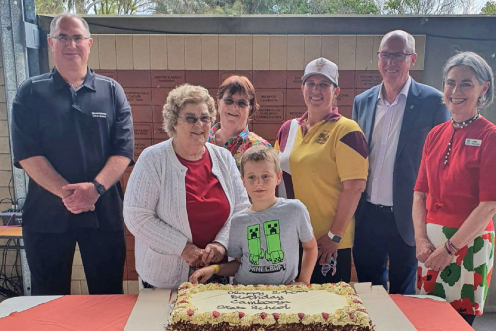 From left: Principal David Wilson, former student Ruby Devonshire (great-grandmother), Karen Devonshire (grandmother), current student Alex Sternberg, P&C President Claire Fogarty, Pat Weir MP and Cr Megan O’Hara Sullivan. Photo, Ashlee J Photography