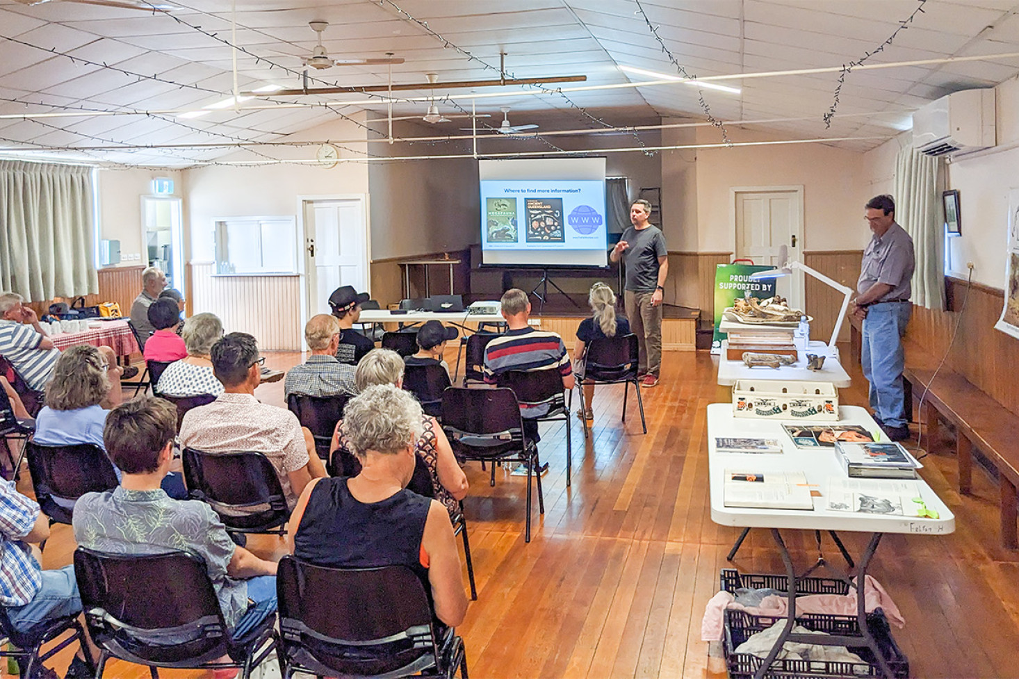 At the Fossil on Farms Workshop held before the AGM at Felton Hall, Dr Gilbert Price (left) and Ian Sobbe (right) entertain the audience.