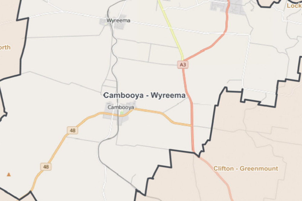 The Cambooya - Wyreema statistical area boundary.