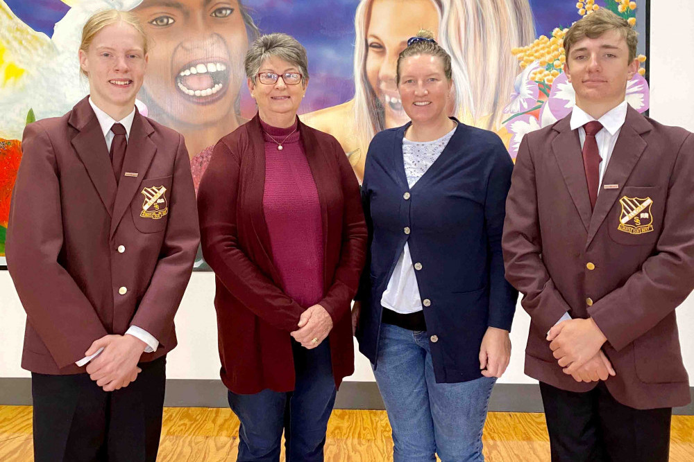 School Captains Tobias Briggs and Hamish Gartery with Claire Cooper and Sally Keynes from the Allora & District Campdraft Association.