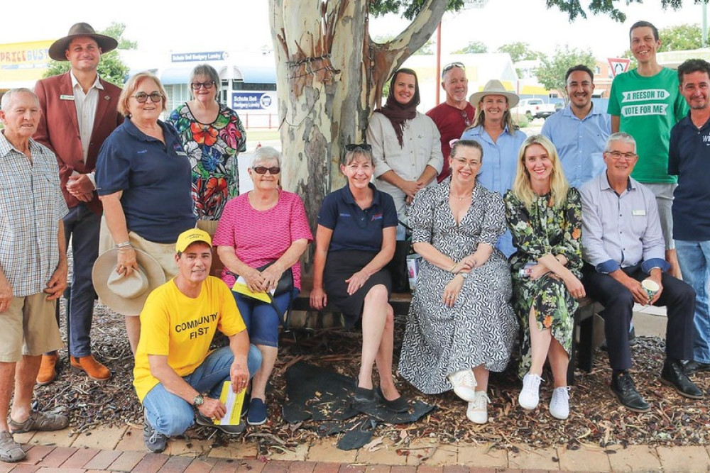 Council candidates pictured above are Tim McMahon, Robert Relvas, Ellisa Parker, Melissa Taylor, Edwina Farquhar, Rebecca Vonhoff, James O’Shea, Bill Cahill, Andrew Reeson and Paul Wilson, with members of the community and Pittsworth District Alliance representatives.