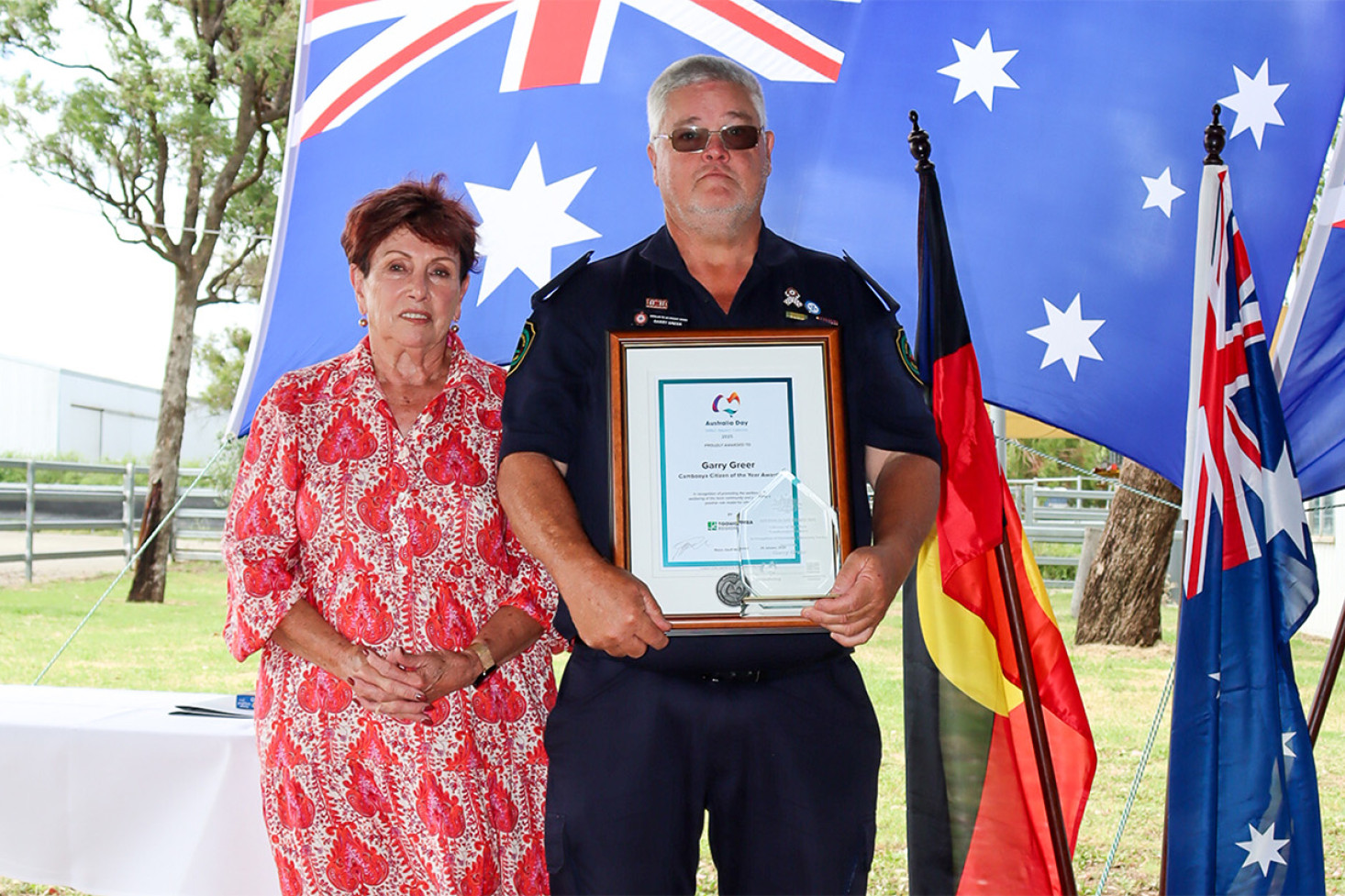 2025 Cambooya Citizen of the Year Garry Greer with Cr Carol Taylor.