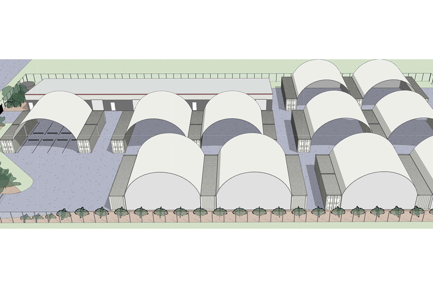 A graphic rendering showing the proposed development plans, with the existing warehouse, which will hold the distillery, at the back.