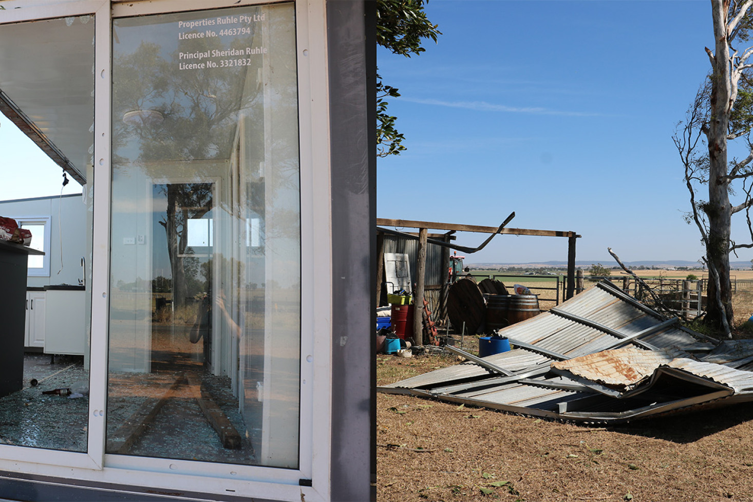 LEFT & ABOVE: The storm caused significant damage at Sheridan and Garry Ruhle’s property.