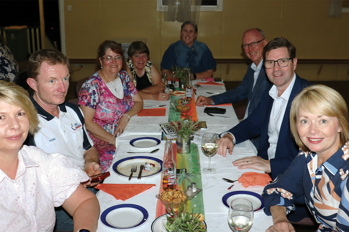 Enjoying the Clifton Country Week Official Opening Dinner are, from left, Angela Connolly, Shane Connolly, Jodie Ovington, Margaret May, Jodi Crollick, Member for Condamine Pat Weir, Toowoomba Region Mayor Geoff McDonald and Lady Mayoress Lisa McDonald.
