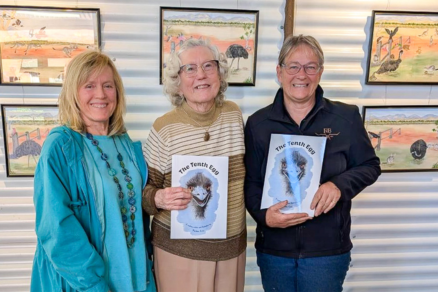 Merlene Konz (centre) is joined by children’s book author and illustrator Terese Eglington (left) and Back Road Artists member Karin Cheetham (right).
