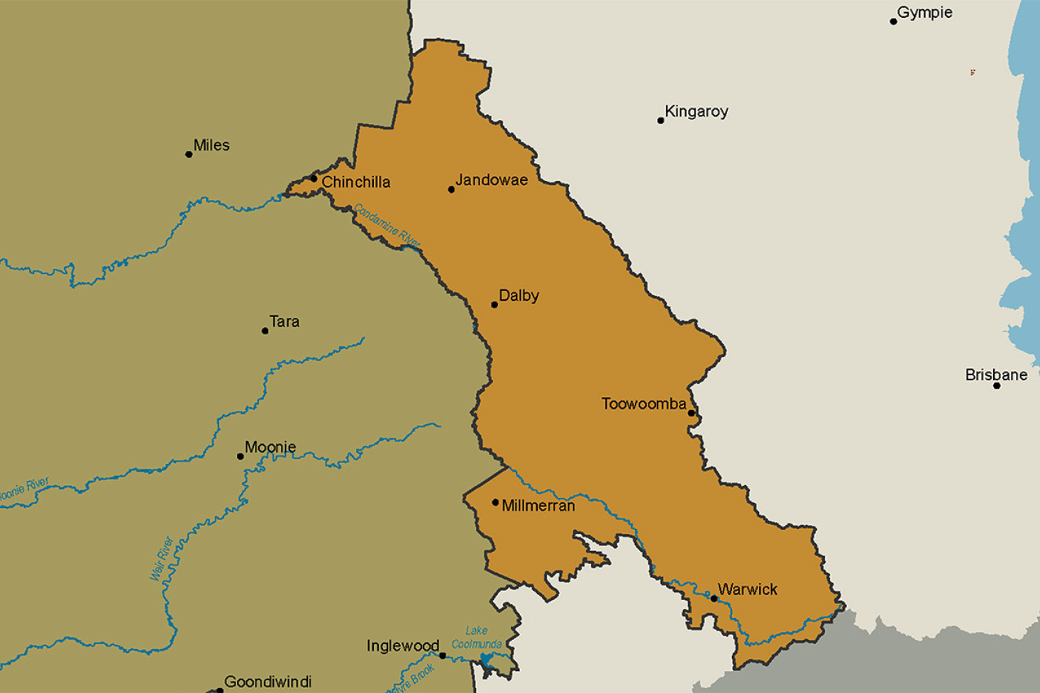 The Eastern Downs Precipice Groundwater sub-area is highlighted in orange and the Surat Precipice Groundwater sub-area in olive green.