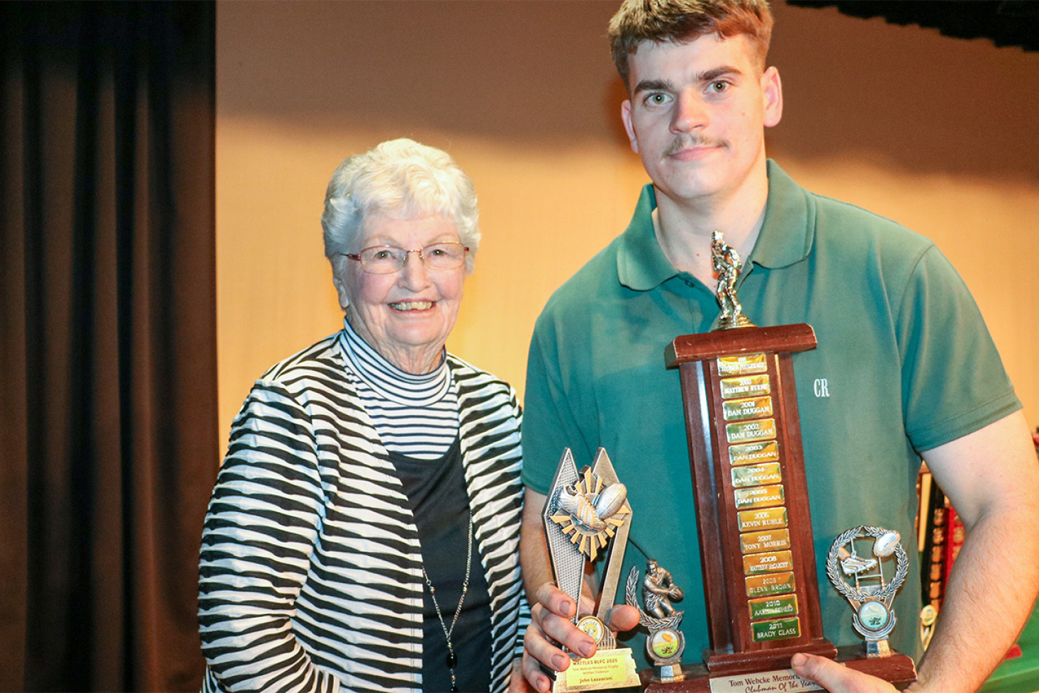 Tom Webcke Memorial Trophy for Club Man of the Year winner John Lazzaroni with Mary Hamblin.