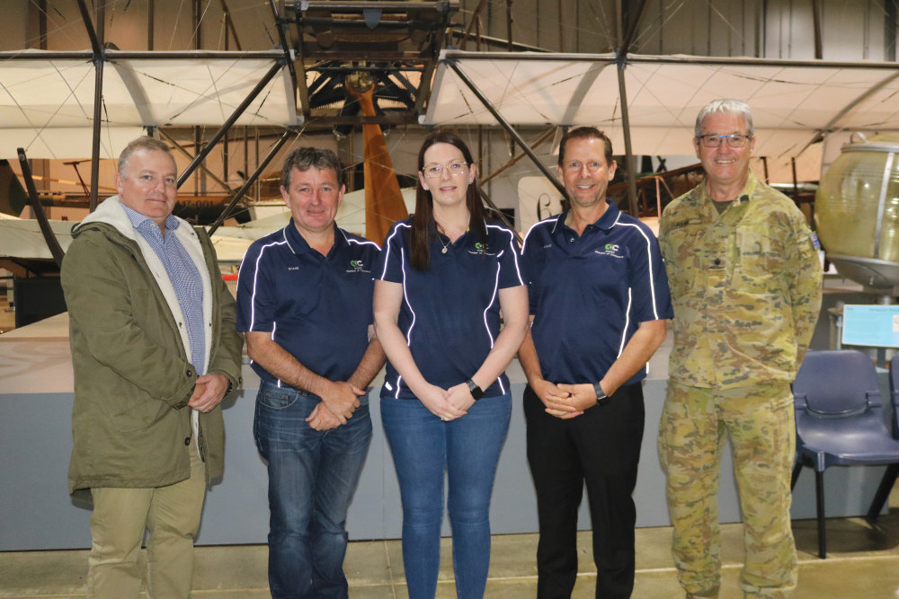 Army Aviation Training Centre Chief of Staff Steven Stockley (left) and Australian Army Flying Museum’s Niall Ryan (right) with Oakey Chamber of Commerce executive Shane Williamson, Rebecca Meacham and David Cooper. (Absent, Carla Jervis.)