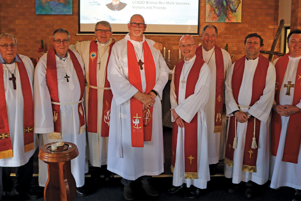 ABOVE: LCA pastors Ken von Pein, Don McCall, Lionel Rohrlach, Ken ‘Charlie’ Uebergang, Mark Vainikka (Queensland Bishop), Ken Schultz, Mark Demmer and Jordan Bennett. Absent- LCANZ Bishop Paul Smith.