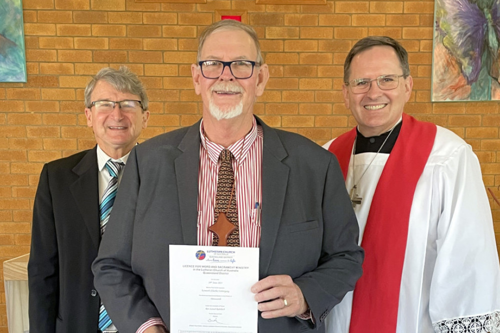 Charlie Uebergang (centre) with local Pittsworth Lutheran Parish Rev. Pastor Lionel Rohrlach (left) and Queensland District Bishop Rev. Pastor Paul Smith (right), who officiated the service.