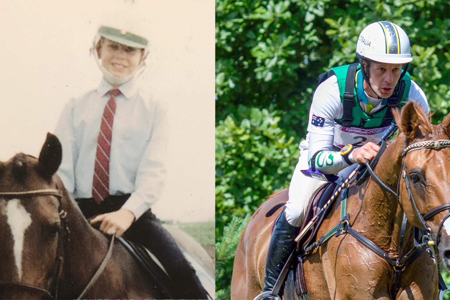 Left: An early photo of Chris Burton riding on one of his most successful horses “Deo Juvante”. Photo, Burton family. Right: Chris Burton at London 2012. Henry Bucklow/Lazy Photography.