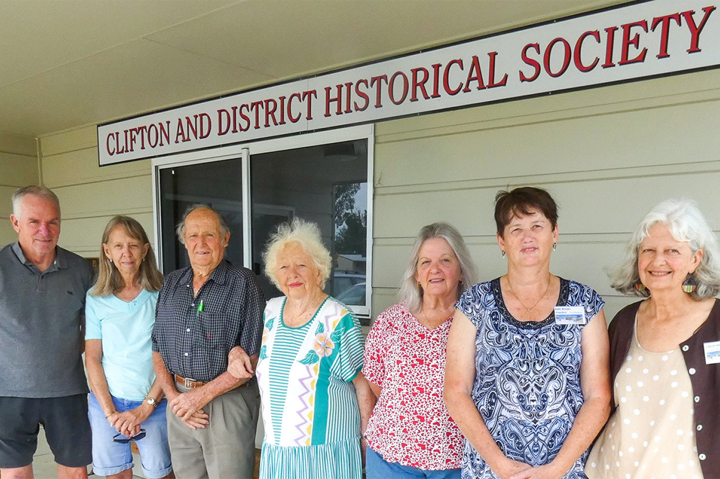 From left: Russel Hagan (Treasurer); Lynda Bishop (Vice-President, assistant Research Officer); Mr Graham Berry (Patron, Life Member and Foundation Member); Joy King (Family Research Officer, Life Member); Pat Tickner (Secretary); Kath Brown (President); Linda Nicholas (Publicity Officer). Photo, Peter Grzesiak