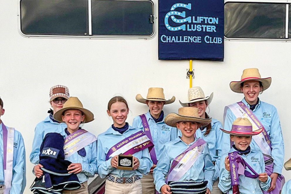 Members of the 2024 Clifton Cluster Challenge Club at Maryborough - Front left to right: Toby Atwell, Harriet Thorpe, Brylee Nikolajuk, Keeley Atwell, Millie Thorpe and Brodie Thorpe; Back left to right: Tilly Hanson, Rachael May, Skylah Nikolajuk and Maise Atwell.