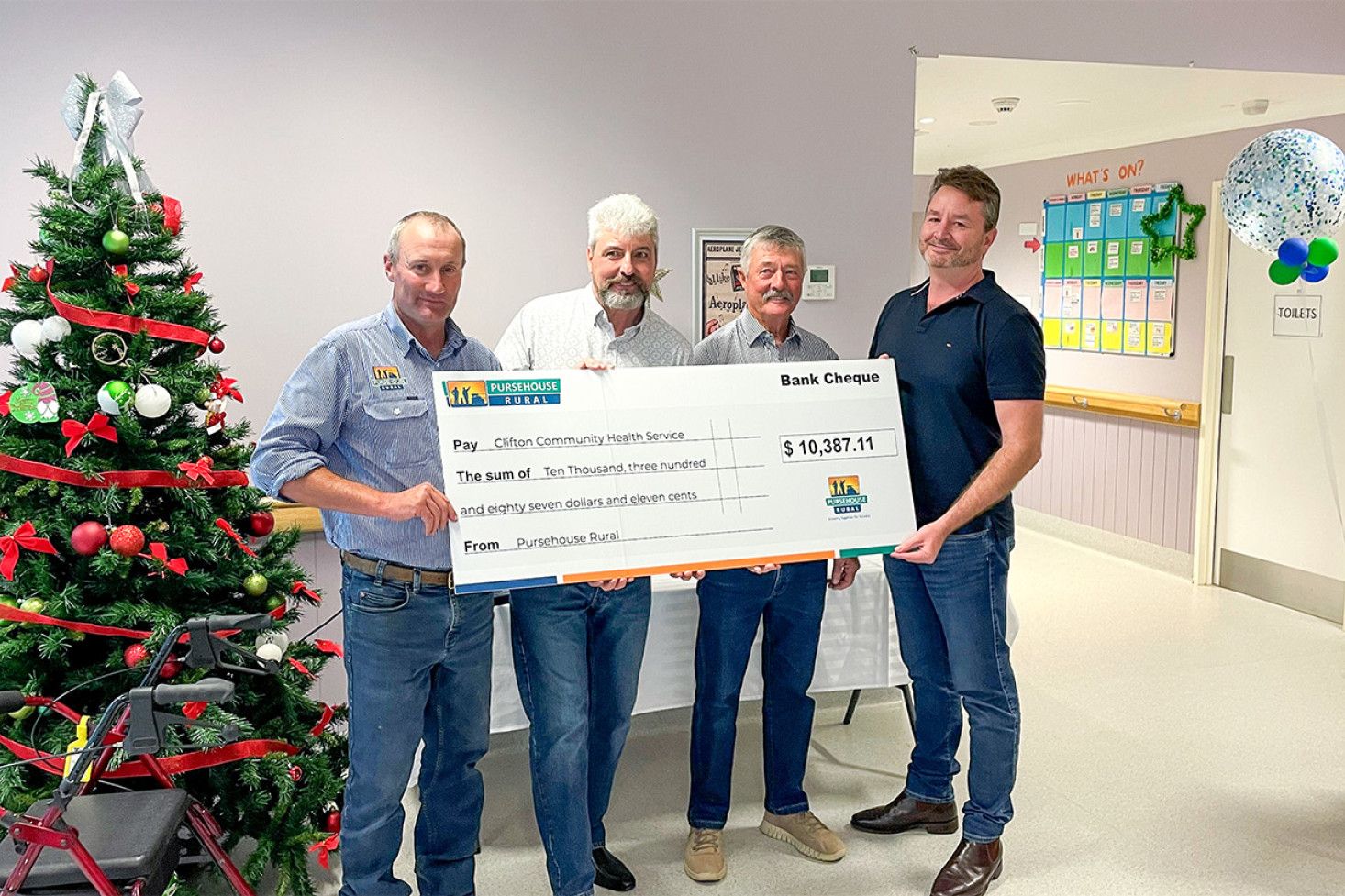 With the $10,387.11 cheque are, from left, Chris Kunde, Branch Manager, Pursehouse Rural Clifton, Rodney Watton, Executive Director-Community Clifton Community Health Services, Rob Imhoff, Clifton Golf Club and Andrew Douglas, Chairman of the Board Clifton Community Health Services.