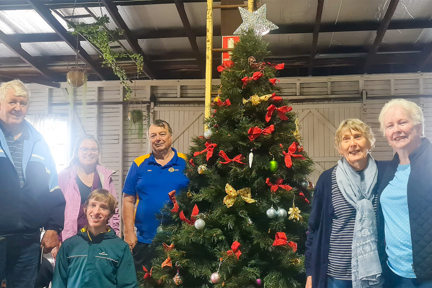 Helping to set up the tree were, from left, Lion Bill Cameron, Linda Martin, Chris Martin (front), Lion Andrew Highet, Lion Kay Nugent and Christine Cameron.