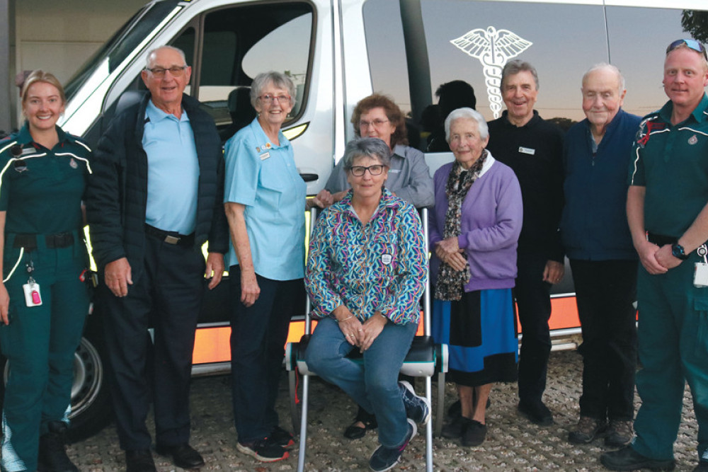 Paramedic Riley Holden with LAC members Keith Muller, Anne Pedersen, Anne Glasheen (seated), Bernadette Trimingham, Ruth Hungerford, Ted Rogers, Terry Davis and Clifton O.I.C. Chris Fulton.