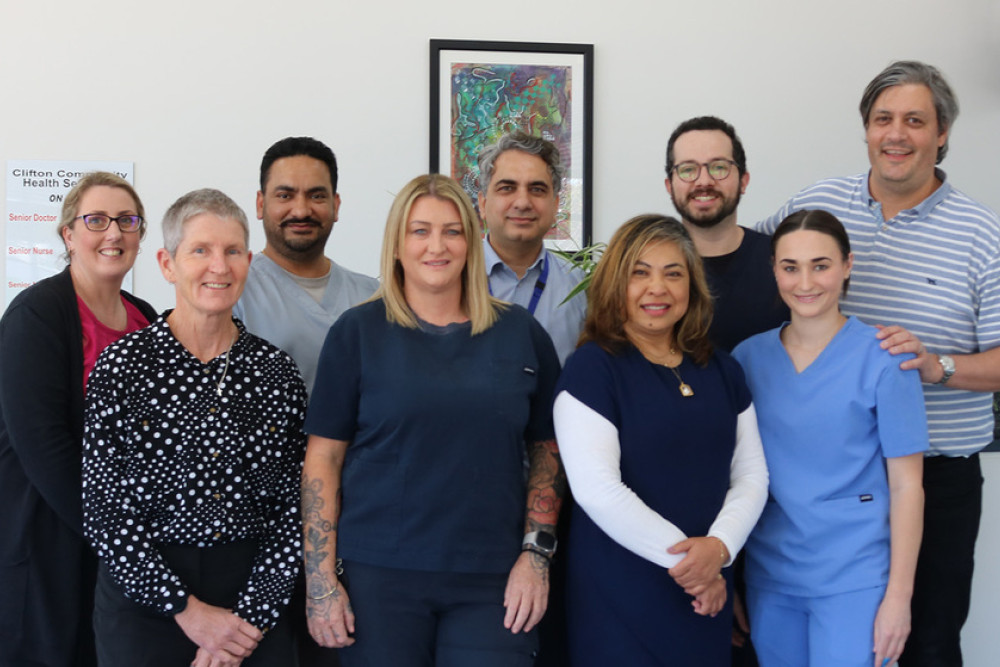 The team at Clifton Medical Centre is ready to welcome new patients: Back Row: Nerida (administration), Dr Jagdeep, Dr Sahid, Dr Santiago, Dr Franco; Front Row: Karen (administration), Simone (Practice Nurse), Executive Director Wannapa Foytong and Audra (Nurse).