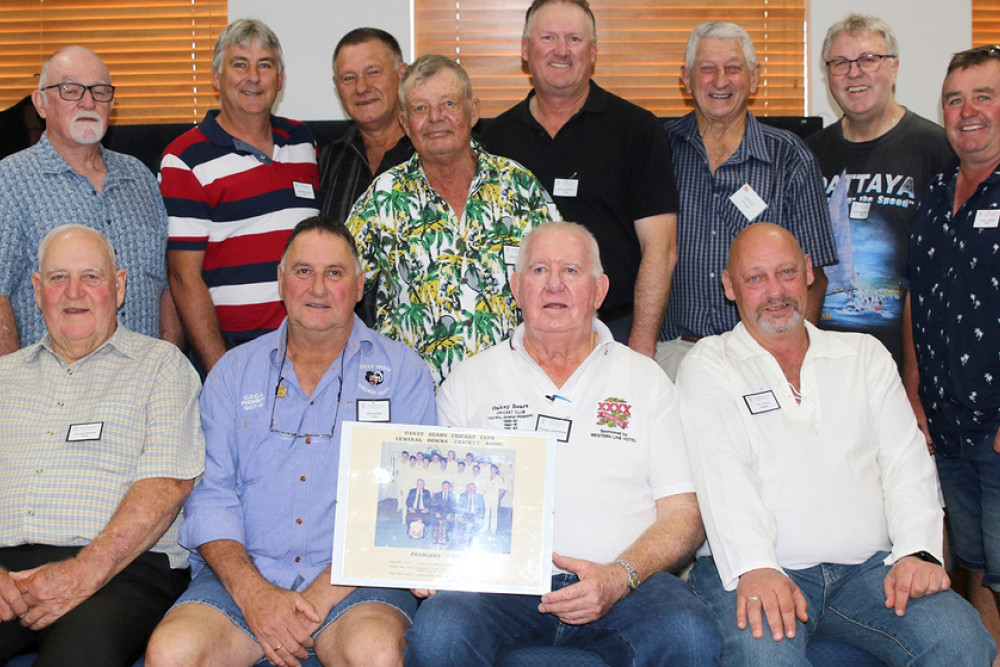 ABOVE: Oakey Bears 1989-90 CDCA Premiers - Back from left, Troy Peters, Ashley Byers, Anthony Hedge, Paul Weise, Peter Rudken, Lester Perkins. Middle, Paul McGrath, Robert Costello (Captain), Trevor Byers, Damien and Dominic Borger and Ian Hedge. Front, Allan Mason (President), Russel Dunemann (Secretary, and Sam Lorrimer (Patron).