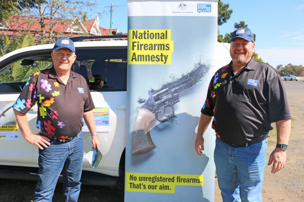 Crime Stoppers Queensland deputy chair Greg Beale (Sunshine Coast) and director Andrew Jones (Logan) at Oakey on Saturday.