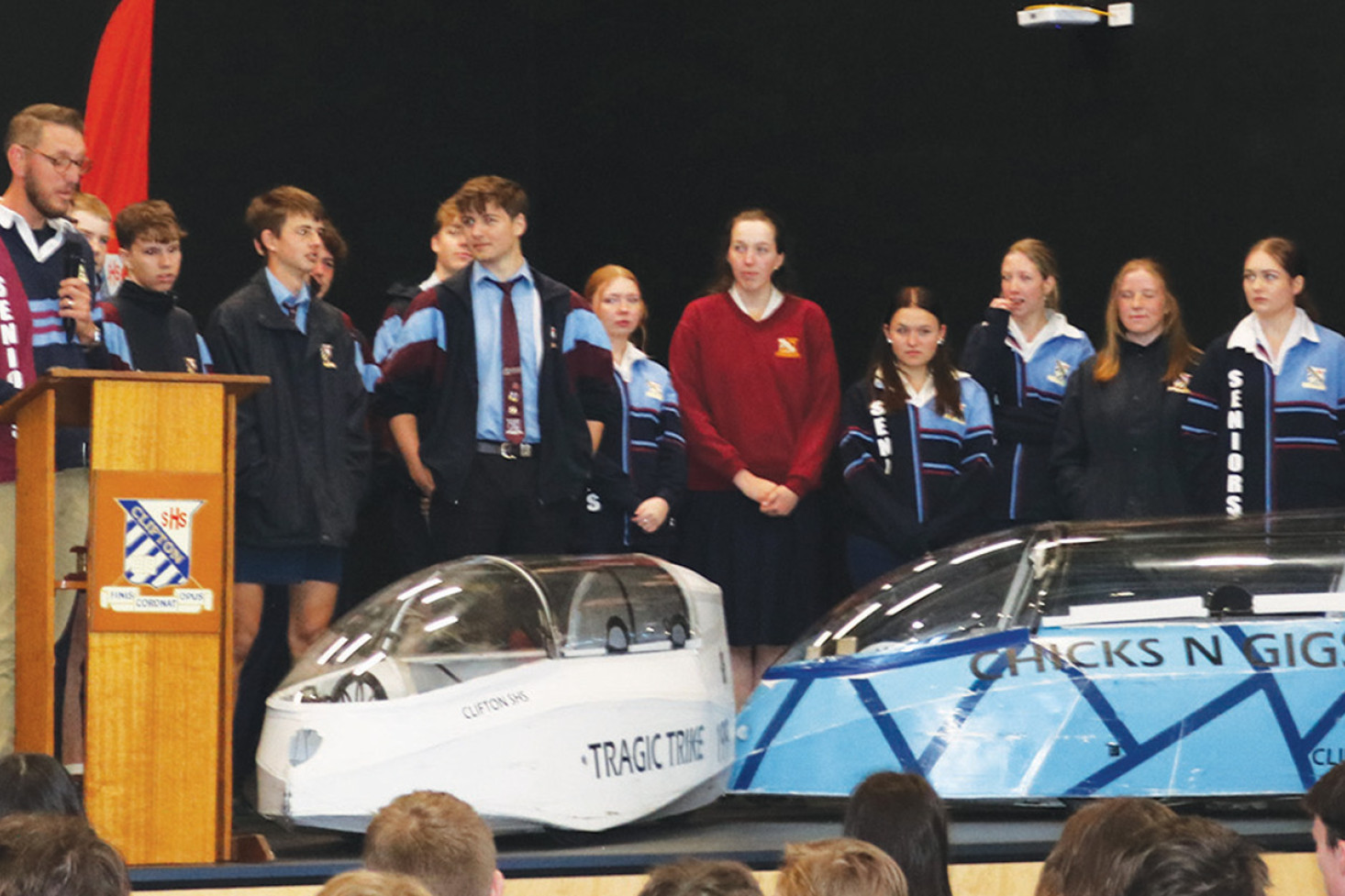 Mr McCardy with the boys and girls HPV teams, including their respective vehicles ‘Tragic Trike’ and ‘Chicks N Gigs’.
