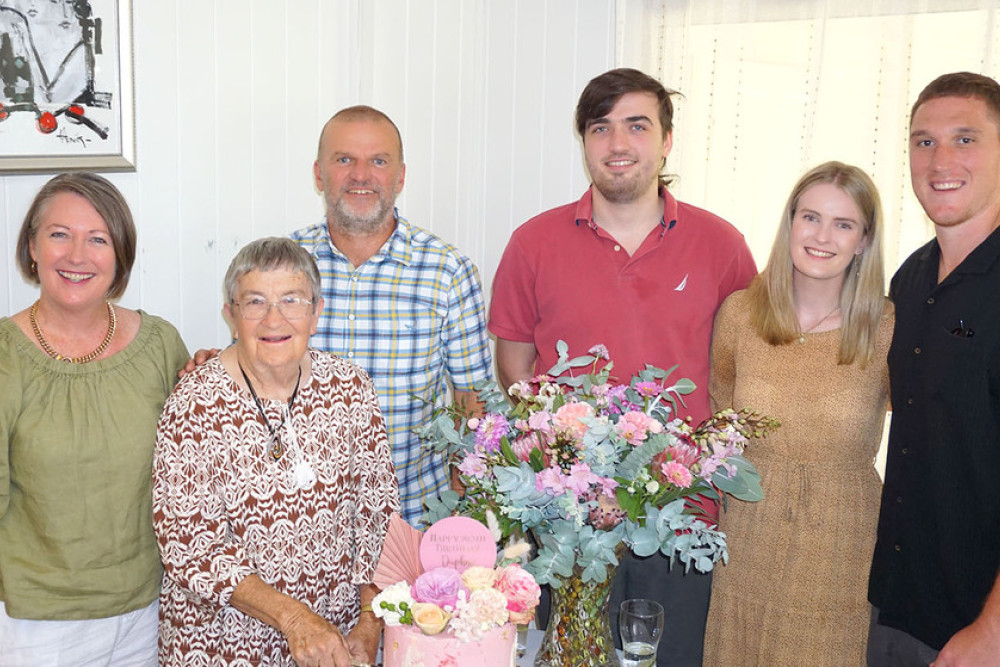 L to R: Daughter Julie, Daphne Whatley, son-in-law Russell, grandson Thomas and grand daughter Hannah with her partner Joel.